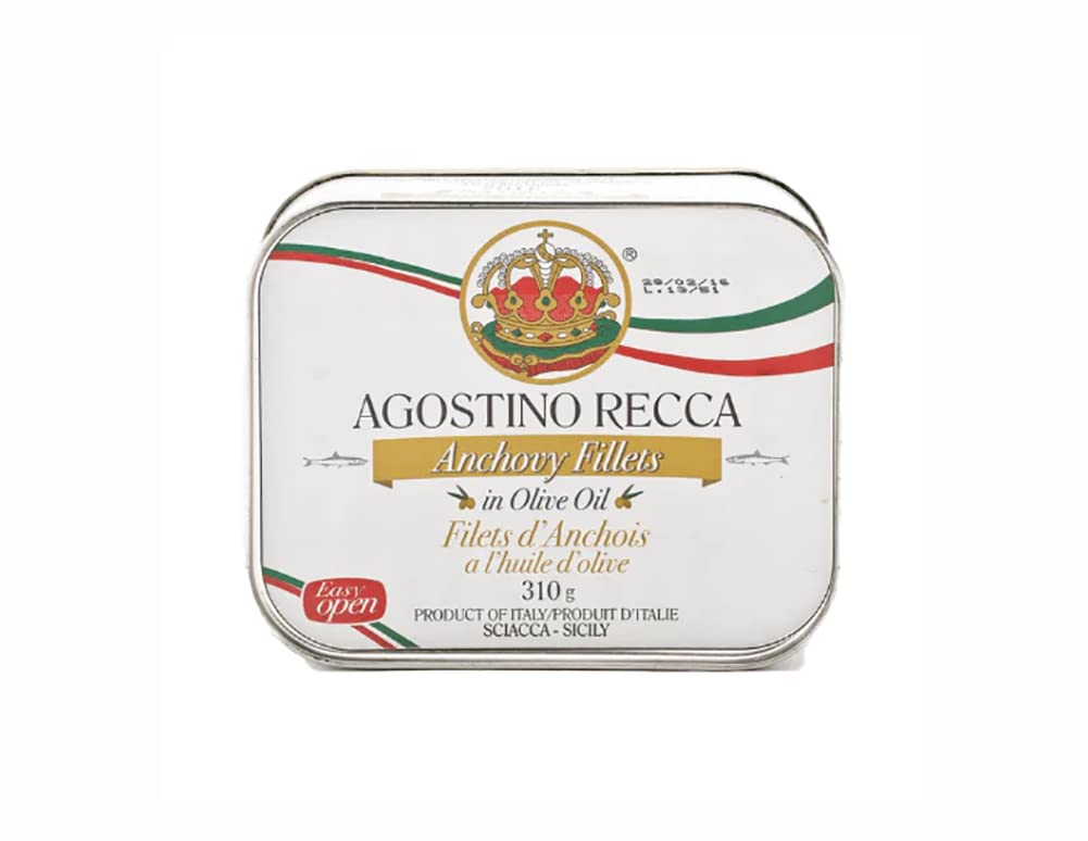 Agostino Recca Fillets of Anchovies in Olive Oil | Italian Anchovy Fillets in Oil | 10.93 Oz (Pack of 1)