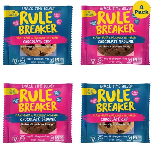 Rule Breaker Vegan & Gluten Free Cookies | Chocolate Brownie & Chocolate Chip | Plant-Based, Top 11 Allergen-Free | Soft-Baked, Great Snacks for Kids & Adults, Individually Wrapped (Pack of 4)