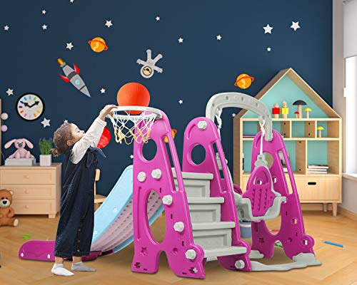 BAHOM 3 in 1 Climber Slides Playset for Boys Girls Indoor and Outdoor Play, Kids Climber with Slide and Swing for Toddlers, Ages 6 Months to 6 Years Old (Rose)