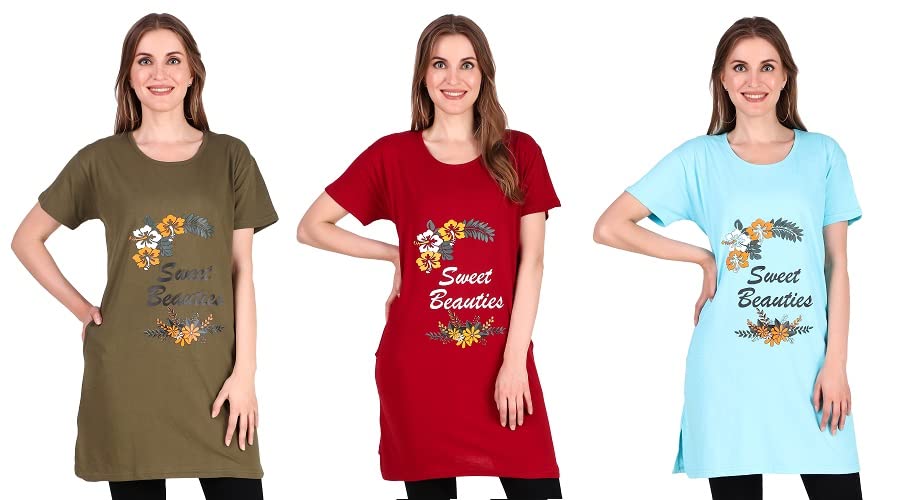 trike Women's Long Polo Cotton Printed Solid Round Neck Regular Half Sleeve T-Shirts Combo (Pack of 3)-picture-10