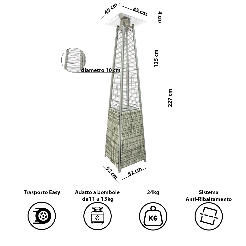 Pyramid Gas-Heizstrahler für den Außenbereich, 13 kW | Heizung mit offener Flamme für Garten, Bar und Restaurants | Abdeckung und Regler im Lieferumfang enthalten | Modernes Design |