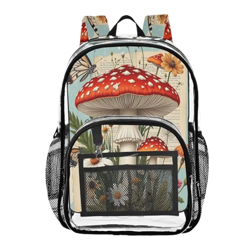 Mushroom Butterfly Sunflower Blossom Clear Backpack Heavy Duty See Through Transparent PVC BookBag for Kids Boy Girl School Work