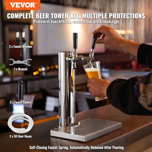 VEVOR Bierzapfturm mit zwei Zapfhähnen, Bierfassturm aus Edelstahl, Kegerator-Turm-Kit mit Vormontierten Schläuchen & Selbstschließenden Zapfhähnen für Partys, Bars, Pubs und Restaurants usw.
