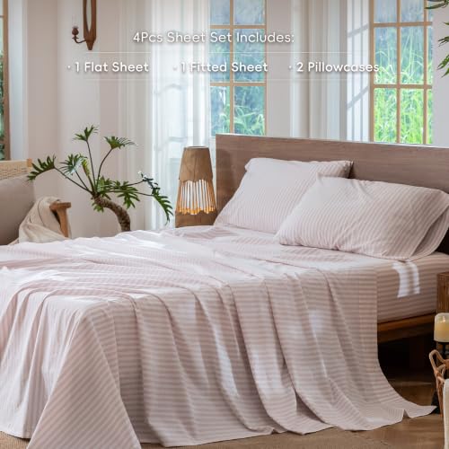 Image of MooMee Striped Sheet Set 100% Washed Cotton Linen Like Queen | Relaxed Linen-like Texture. Soft, Breathable & Lightweight Comfort. 15-19 inch Extra Deep Pocket with All-around Elastic