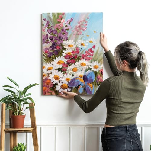Image of PAINTINGMANTRA White Sunflowers Floral Canvas Wall Art Painting for wall decoration, Multicolour MultiFlowers Stretched Canvas Painting for living room, bedroom, Home and Office, 16x22 Inch