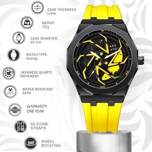 Image of IIK COLLECTION Men's Car Wheel Watch with Spinning Car Rim Hub Design with Silicon Strap|| Analog | Quartz Movement|| Water Resistant, Scratch Resistant