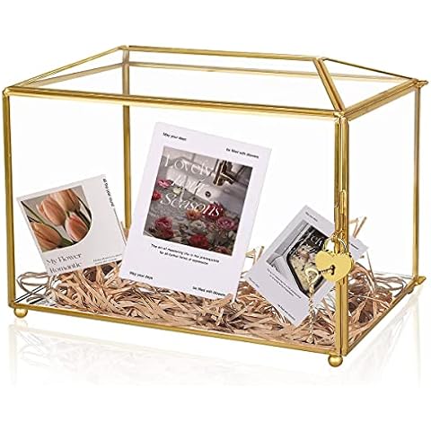 CUNHUY Gold Wedding Card Boxes 12.6x5.9x9 inches, Large Glass Card Box Handmade with Slot and Lock for Wedding Reception, Party, Party Centerpiece Decor Cover
