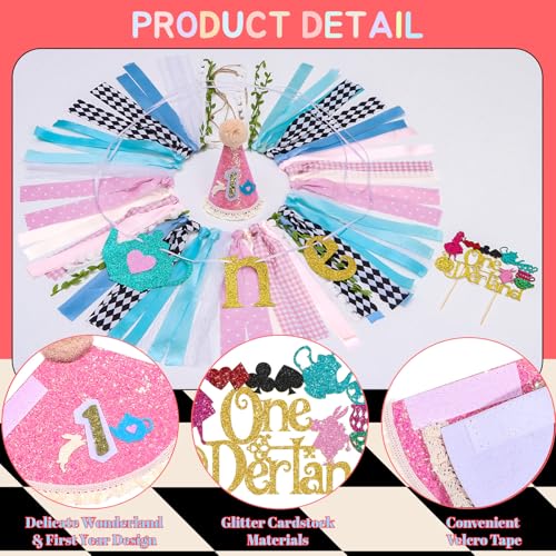 Image of Welcome to Onederland Highchair Banner for First Birthday Party Decorations | Teapot Onederland High Chair Banner for Girls Alice in Wonderland 1st Birthday Backdrop Decors Baby Shower Party Supplies