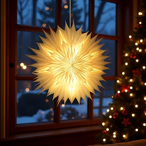 YPGFDZYDHH 23' 3D LED Paper Star Lantern with Translucent Vellum – 7-Layer Christmas Hanging Light, Foldable Indoor Window Decor, Soft Glow Holiday Ornament for Party, Wedding, Present