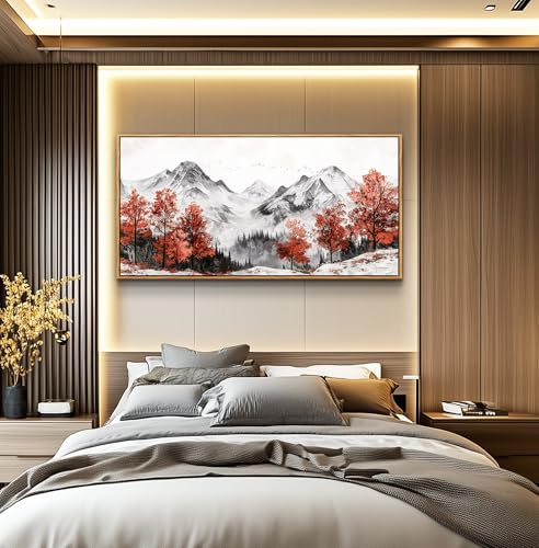 PHAOHUAXM Large Canvas Wall Decor For Living Room Wall Art For Bedroom Office Murals Red Tree Ink-Wash Mountain Landscape Wall Pictures Restaurant Room Modern Home Decoration Wood Framed 24"X48"