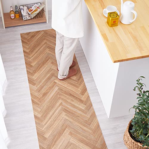 萩原 クッションフロア キッチンマット (約60×120cm,木目ヘリンボン) 水拭きできる 抗菌 防カビ 抗ウイルス 防炎 滑り止めシール付き カットOK 日本製