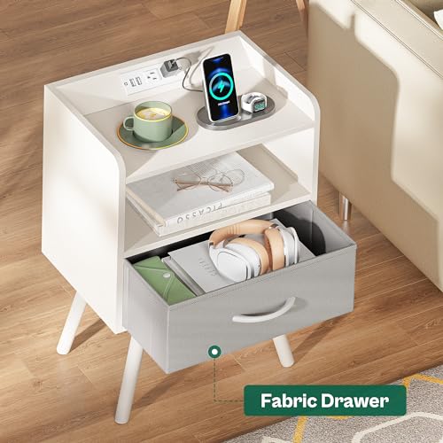 Image of Huuger Night Stand with Charger Station, Nightstands Set of 2, Bed Side Table with Drawer, End Table with Solid Wood Feet, White Nightstand, Side Tables for Bedroom