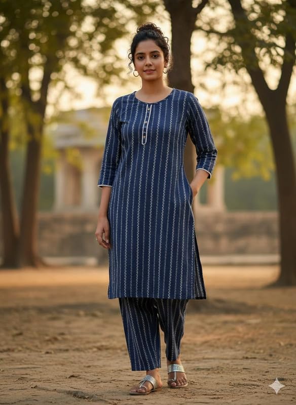 Image of Women Cotton Blend Kurti Pant Set for Women Ethnic Printed Straight Kurta with Pants Co Ord Set Casual Office Wear Traditional Kurta Set Blue 3 /4 Sleeve Round Neck