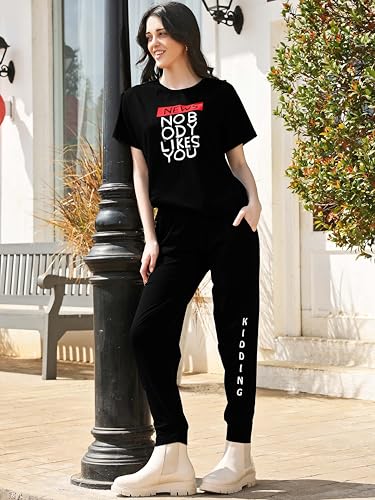 Image of ZEYO Night Suit for Womens Typography Printed Cotton Night Dress of Top and Joggers