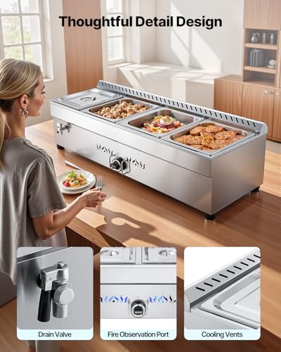 Image of VEVOR 4-Pan Commercial Propane Steam Table, LP Gas Outdoor Soup Warmer with Drain Valve, Stainless Steel Propane Food Warmer with Adjustable Temperature, for Restaurant Party Outdoor Camping