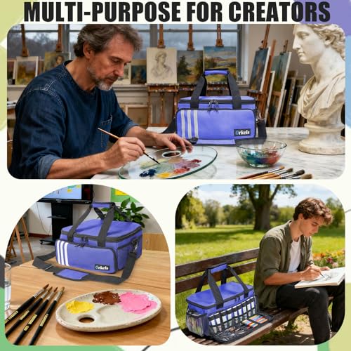Image of ORKELS Craft Paint and Marker Organizer, Acrylic Paint Storage Bag with Brush and Bottle Holders, Large Marker Carrying Case for Artists (Purple)
