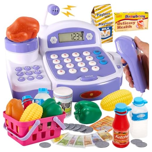 BUYGER Grande Caja Registradora para Niños con Electrónica Escáner Calculadora Micrófono Balanza de Alimentos, Supermercado Compras Comida Juguetes con Luces y Sonido para Niños Niña 3 Años