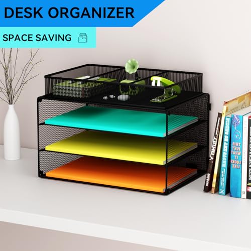 GDINDINFAN Paper Letter Tray Organizer, 3 Tier Mesh File Tray Desktop Paper Sorter with Drawer, Black