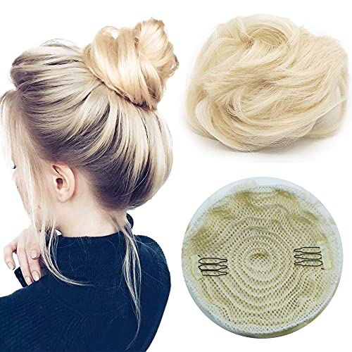 Blonde Hair Bun Extensions Messy Curly Buns Drawstring Ponytail Hair Piece Synthetic Curly Wavy Chignon Updo Hairpieces for Women Girls(613#)