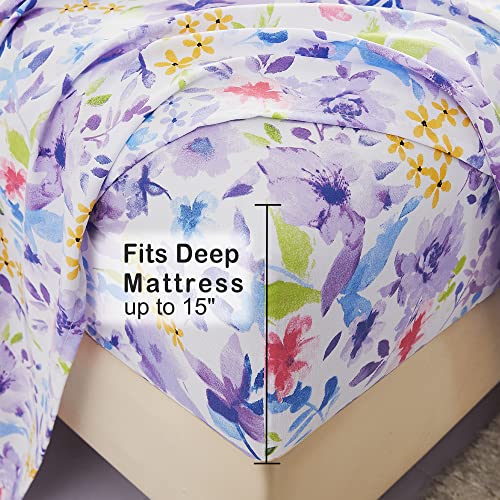 Image of Mooreeke Floral Full Sheets, Soft Breathable Microfiber Vintage Printed Bed Sheet Set, Deep Pocket Non-Slip Fitted Sheet Included, Purple Flower Pattern