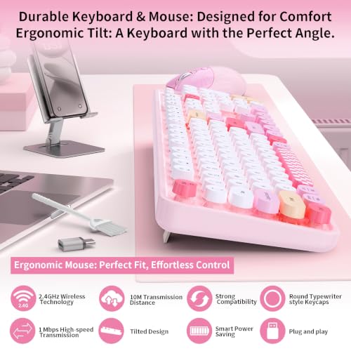 Image of Wireless Keyboard and Mouse, 104 Keys Full Size Typewriters Pink