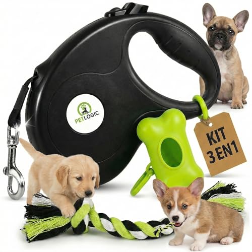 Correa Extensible para Perro con Portabolsas y Juguete, Kit de Paseo Completo y Resistente para Perros Pequeños y Medianos, Correa Flexible Larga para Paseos controlados, Bloqueo Seguro