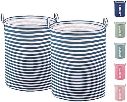 Consmos 2-Pack Collapsible Laundry Basket, Large Laundry Hamper with Handle, Freestanding Laundry Baskets Dirty Clothes Basket for Bedroom, Bathroom& College Dorm, Navy Blue & White Stripe