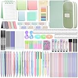 YIBONIKA 147 PCS Aesthetic Stationery Supplies with Green Pen Case & Notebook, 12 Pastel Highlighters, 3 Erasable Pens, 5 Black Pens, 6 Mechanical Pencils, Stationery Set College Essentials