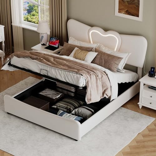 JiaOyu Cama doble de 140 x 200 cm con iluminación LED y estación de carga USB, cama de almacenamiento hidráulica, cama acolchada con cabecero de terciopelo ajustable, cama infantil tapizada (140 x 200