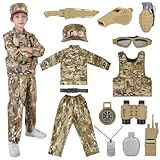 TOYMNI Army Costume for Kids, Boys Military Soldier Costume with Tactical Camouflage Vest and Army Toy Accessories Gear, Halloween Kids Dress Up Costumes for Boys 3-10, L Size