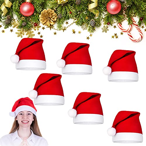 HIQE-FL 6 Pièces Chapeau de Père Noël de Pompon,Chapeau de Père Noël en Peluche,Bonnet de Père Noël,Chapeaux de Noël Rouge,Bonnet de Noel Adulte,Bonnet de Noel en Peluche Cover