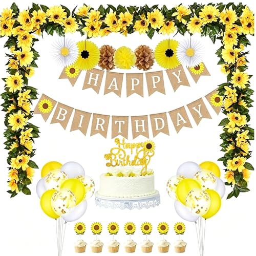 Sumind 35 Pcs Sunflower Birthday Party Decoration Include Happy Birthday Banner Big Cake Topper Yellow Sunflower Cupcake Topper Garland Tissue Paper Fan Paper Pom Pom Balloon for Party Supplies