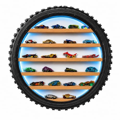 Image of Wall Mounted Tire Display Shelf with LED Lights for Kids Room | Wooden Circular Tyre Rack, Die-Cast Cars, Toy Car Organizer Storage, Handmade Tire Shape Floating Shelf (Blue Light)