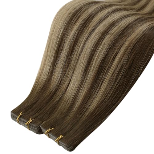Image of LaaVoo Injection Tape in Hair Extensions Seamless Injectable Tape in Hair Extensions Human Hair Brown to Blonde Balayage Tape on Human Hair Extensions 14 Inch 40g 20Pcs
