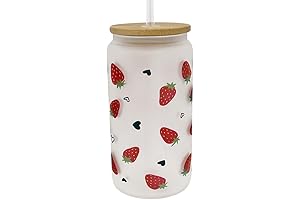16oz Frosted Strawberry Glass Cup with Bamboo Lid and Plastic Straw