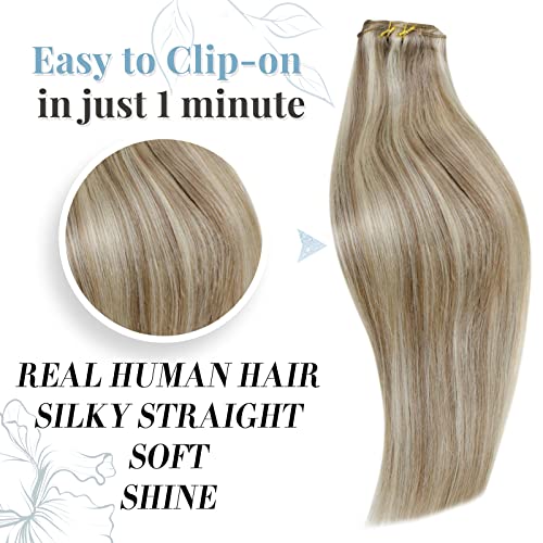 RUNATURE Human Hair Extensions Ash Brown Highlight Blonde Clip in Hair Extensions Real Human Hair Blonde 10 Inch 80 Gram 7pcs - Image 3