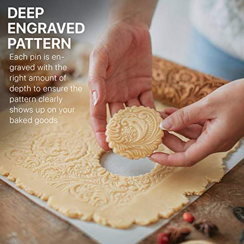 Image of Flexzion Embossed Rolling Pins with Patterns for Baking, 7.7-inch Engraved Wooden Rolling Pin with Snowflake Flower Pattern Rolling Pin for Baking Pastry Pizza Dough Fondant Cookie Pie Crust Pasta