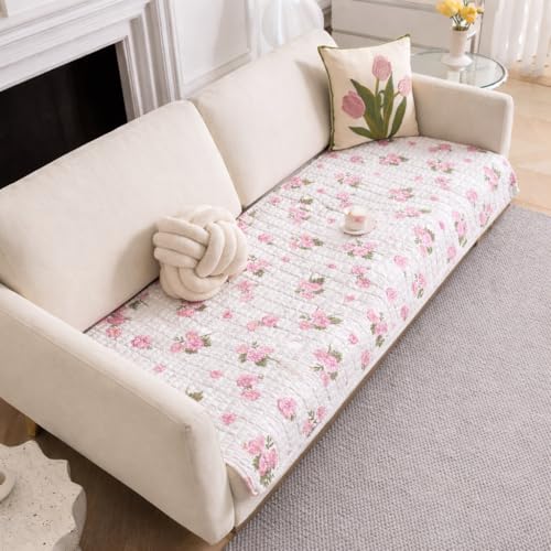 Image of HOMETHREADS Anti-Skid Sofa Protector Mat: Premium Printed Cotton Slipcover with Strong PVC Non-Slip Backing, (White Pink, 1 Seater Large| 90x75cm)