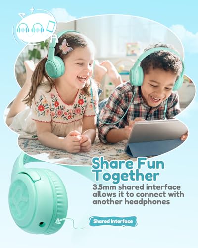 Image of awatrue Kids Headphones for School Travel, 85 /94dB Safe Volume Limit, 3.5mm Jack, HD Mic, Portable Wired Headphone with Shareport, Stereo Sound On-Ear Headphones for Toddler Kids Girls Boys Green