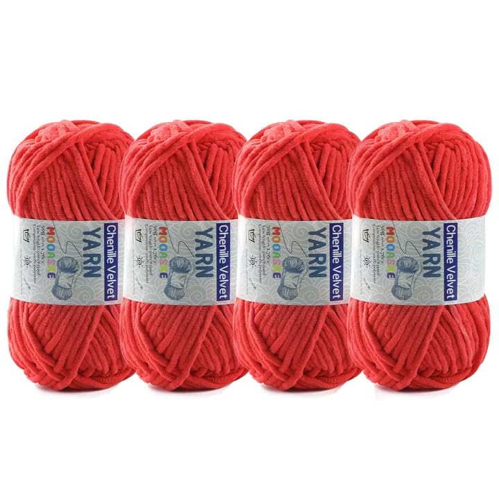 Image of 4 Pac Chenille Yarn for Crocheting - Fluffy Yarn for Crochet - Soft Yarn for Crocheting Blankets Weight Per Roll 50g(1.76oz), Length 60m(65yard) (4, Red)