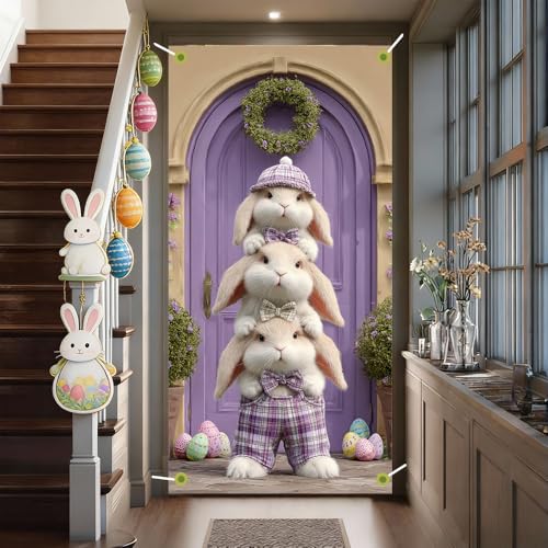 Image of Easter Door Cover Funny Stacked Bunnies Door Banner Happy Easter Door Covers for Front Door Spring Easter Bunny Door Decorations 35x71 Inch