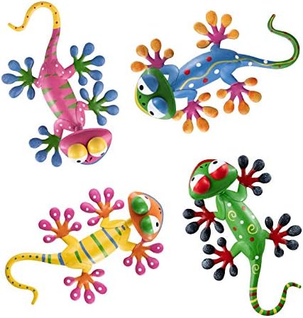 hogardeck Metal Gecko Outdoor Wall Decor, 4 Pack Lizard Wall Art Garden Sculptures & Statues with Shaking Head Outdoor Spring Decor for Front Yard Fence Patio