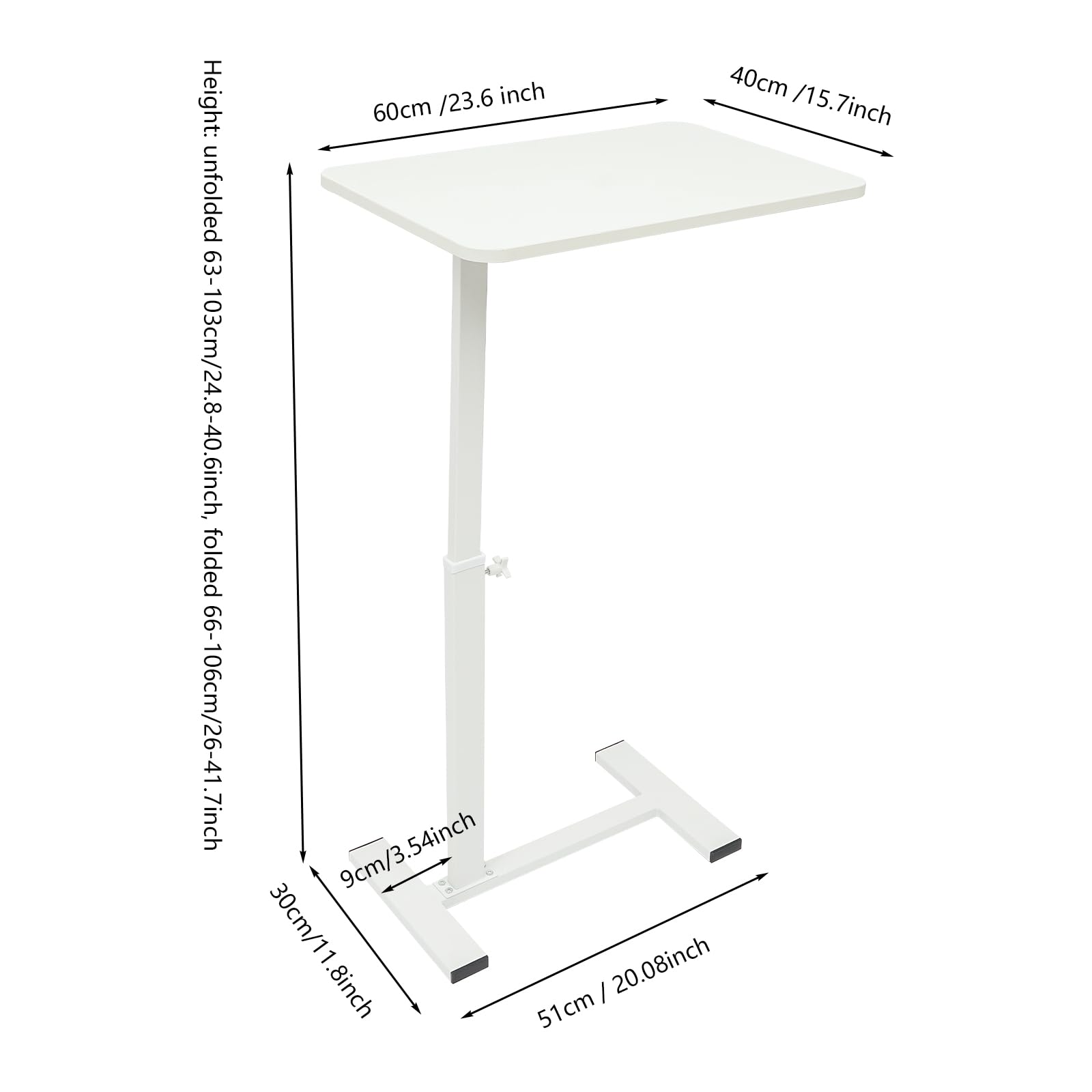 Table de chevet à roulettes réglable en hauteur pour lit, hôpital, bureau à domicile, 60 x 40 cm, blanche
