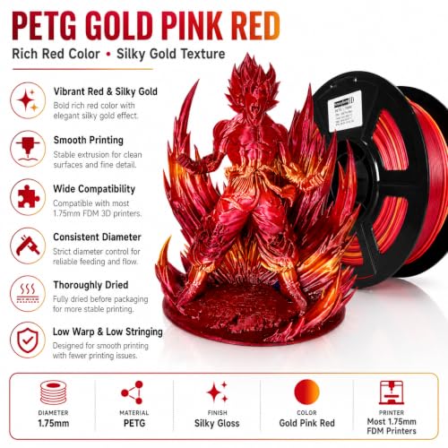 Image of PETG Gold Pink Red Filament 1.75mm, Silky Gloss 3D Printer Filament, Rich Red with Silky Gold Effect, Smooth Printing, Low Warp & Low Stringing, Compatible with Most FDM 3D Printers