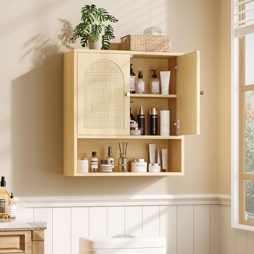 Bonnlo Armoire Murale de Salle de Bain en Rotin, 2 Portes & 1 Étagère, 58×20.4×62cm, Meuble de Rangement Suspendu en Chêne pour Salle de Bain, Cuisine,...