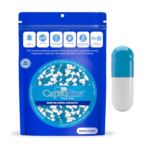 Capsuline Colored Size 00 Empty Gelatin Capsules Blue/White 10000 Count |Kosher & Halal Certified |Gluten Free