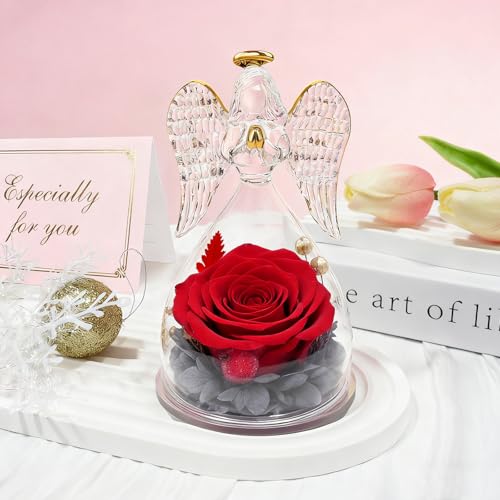 Sunia Valentines Day Rose Gifts for Women, Birthday Gifts for Mom Grandma, Forever Preserved Flower in Glass Angel Figurines Flowers for Delivery Prime, Mothers Day Real Roses for Her Wife - Image 4