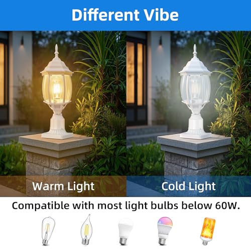 Image of 17 inch White Outdoor Post Light Fixture, Pole Mount Outside Light for Garden Entrance Driveway White Pillar Lantern 17 Inch Pier Mount Outdoor Lamp Post for Front Yard