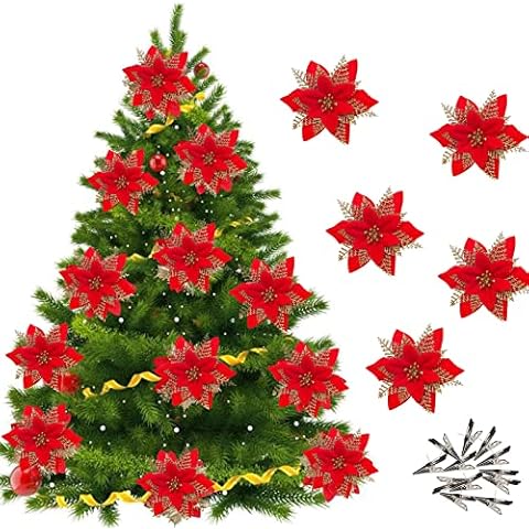 Leixi 12Pcs Christmas Poinsettia Flower Artificial Pointsettia with Clips Christmas Glitter Poinsettia Ornaments Christmas Tree Flower Decorations, DIY Xmas Wreath Holiday Party Decor (Red) Cover