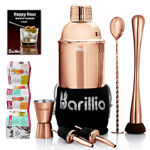 Up To 60% OFF Rose Copper Cocktail Shaker Set Bartender Kit by BARILLIO: 24 oz Stainless Steel Martini Mixer, Muddler, Mixing Spoon, Jigger, 2 Liquor pourers, Velvet Bag Recipes Booklet & eBook…